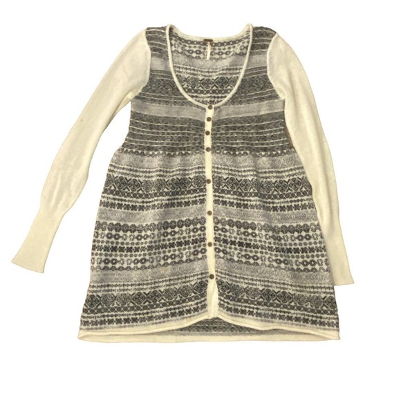 Free People Nordic Long Sleeve cream black gray Fair Isle Knit Tunic Sweater M - Picture 3 of 11